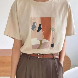 Kadın Bej Kadın Figür Baskılı Oversize Bisiklet Yaka Tshirt