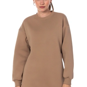 Kadın Bej Renk Uzun Kesim Basic Örme Sweatshirt Cy84197 Bej