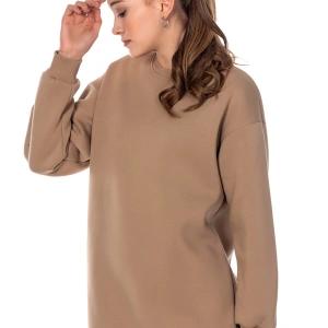 Kadın Bej Renk Uzun Kesim Basic Örme Sweatshirt Cy84197 Bej