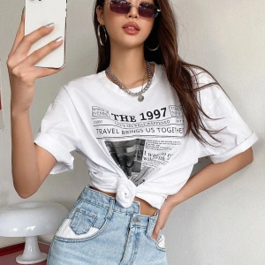 Kadın Beyaz 1997 Baskılı Bisiklet Yaka Tshirt