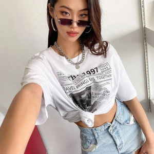 Kadın Beyaz 1997 Baskılı Bisiklet Yaka Tshirt