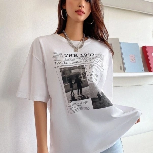 Kadın Beyaz 1997 Baskılı Bisiklet Yaka Tshirt