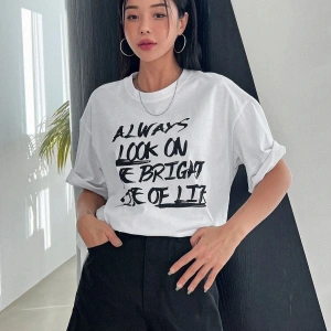 Kadın Beyaz Always Baskılı Oversize Bisiklet Yaka Tshirt