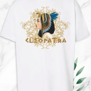 Kadın Beyaz Antik Mısır Kraliçe Kleopatra Baskılı Oversize T-Shirt