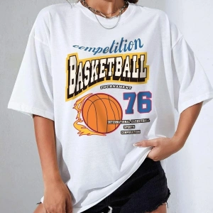 Kadın Beyaz Basketball Tournament Baskılı Oversize Tişört