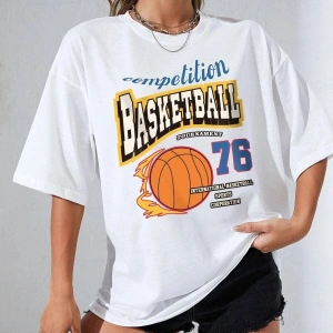 Kadın Beyaz Basketball Tournament Baskılı Oversize Tişört