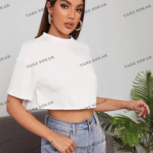 Kadın Beyaz Bisiklet Yaka Oversize Crop