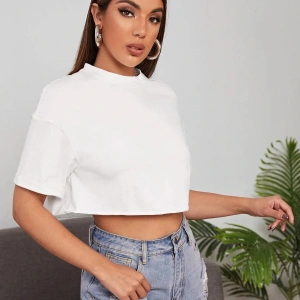 Kadın Beyaz Bisiklet Yaka Oversize Crop T-shirt