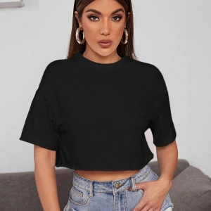 Kadın Beyaz Bisiklet Yaka Oversize Crop T-shirt