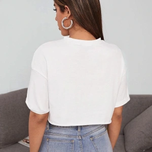 Kadın Beyaz Bisiklet Yaka Oversize Crop T-shirt