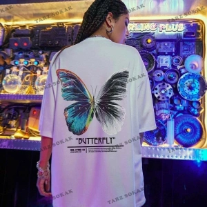 Kadın Beyaz Butterfly Ön Arka Baskılı Oversize