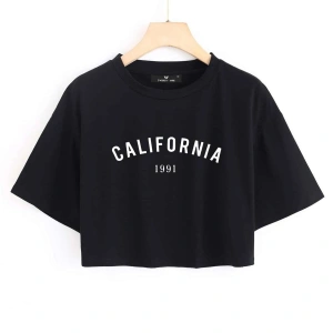 Kadın Beyaz California Baskılı Oversize Crop