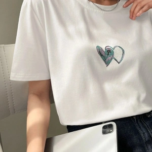 Kadın Beyaz Çift Heart Baskılı Oversize T-shirt