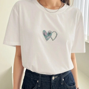 Kadın Beyaz Çift Heart Baskılı Oversize T-shirt