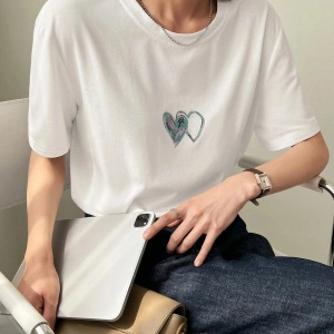 Kadın Beyaz Çift Heart Baskılı Oversize T-shirt