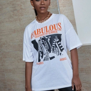 Kadın Beyaz Fabulous Baskılı Oversize Bisiklet Yaka Tshirt