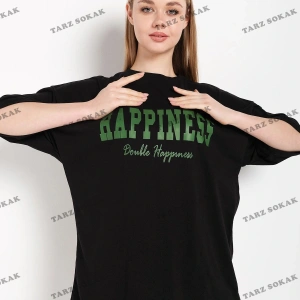 Kadın Beyaz Happıness Baskılı Oversize