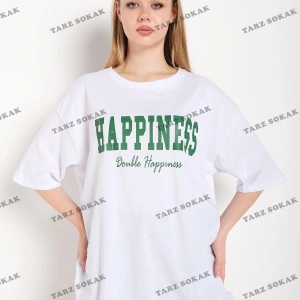 Kadın Beyaz Happıness Baskılı Oversize