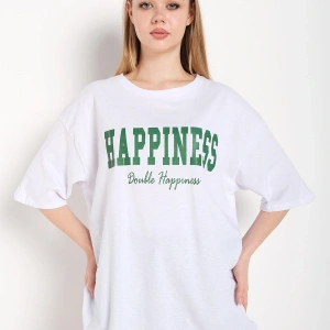Kadın Beyaz Happıness Baskılı Oversize Tshirt