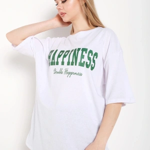 Kadın Beyaz Happıness Baskılı Oversize Tshirt