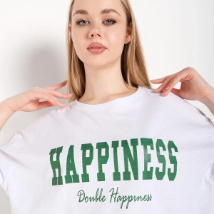 Kadın Beyaz Happıness Baskılı Oversize Tshirt