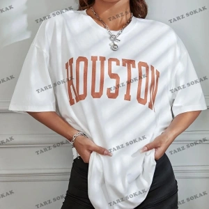 Kadın Beyaz Houston Baskılı Oversize