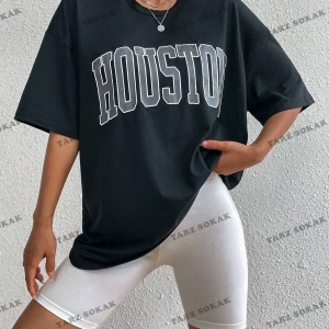 Kadın Beyaz Houston Baskılı Oversize