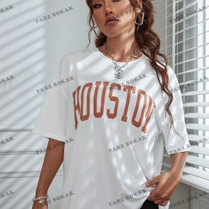 Kadın Beyaz Houston Baskılı Oversize