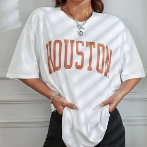 Kadın Beyaz Houston Baskılı Oversize T-shirt