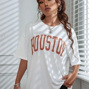 Kadın Beyaz Houston Baskılı Oversize T-shirt