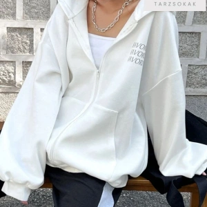 Kadın Beyaz Kapüşon Detay Fermuarlı