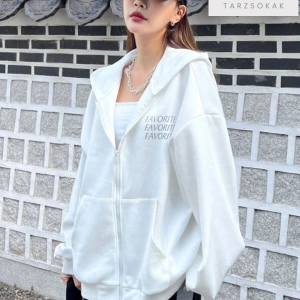 Kadın Beyaz Kapüşon Detay Fermuarlı