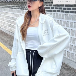 Kadın Beyaz Kapüşon Detay Fermuarlı
