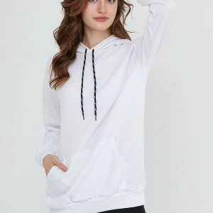 Kadın Beyaz Kapüşonlu Kangru Cep Sweatshirt