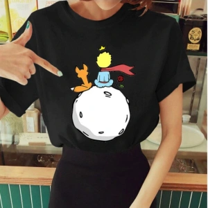 Kadın Beyaz Küçük Prens Baskılı Bisiklet Yaka Oversize Geniş Kalıp T-shirt Tişört