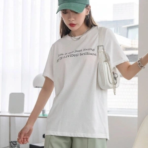 Kadın Beyaz Lıvıng Baskılı Oversize Bisiklet Yaka Tshirt