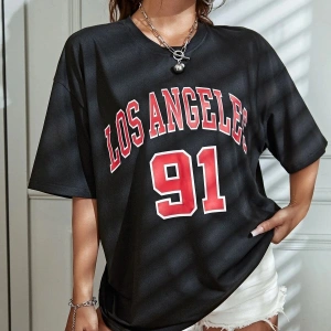 Kadın Beyaz Los Angeles 91 Baskılı Oversize Tişört