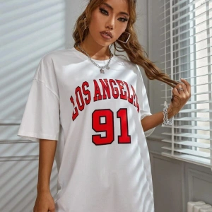 Kadın Beyaz Los Angeles 91 Baskılı Oversize Tişört