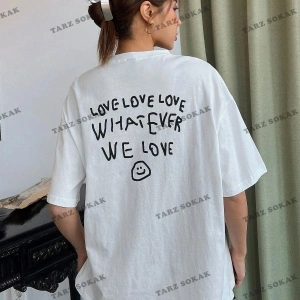 Kadın Beyaz Love Love Love Baskılı Oversize
