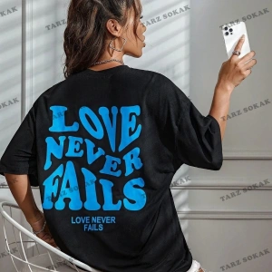 Kadın Beyaz Love Never Fails Baskılı Oversize