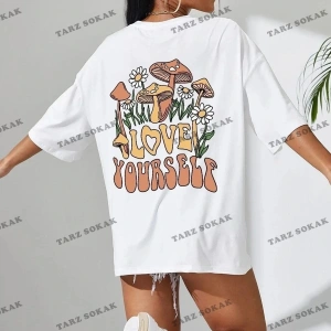 Kadın Beyaz Love Yourself Baskılı Oversize