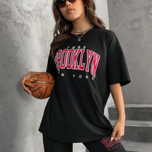 Kadın Beyaz Mavi Brooklyn Bisiklet Yaka Tshirt