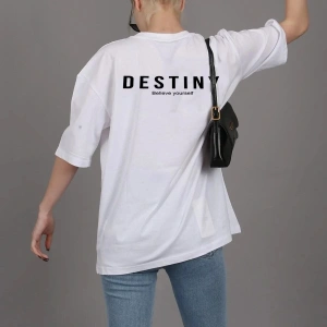 Kadın Beyaz Önü Güneş Baskılı Bisiklet Yaka Oversize Pamuklu T-shirt