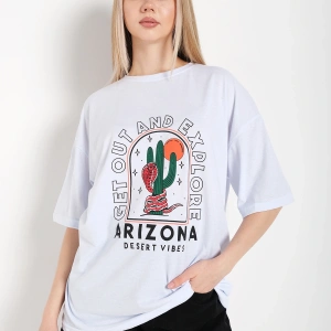 Kadın Beyaz Oversize Arizona Baskılı T-shirt