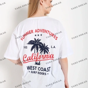 Kadın Beyaz Oversize California Baskılı
