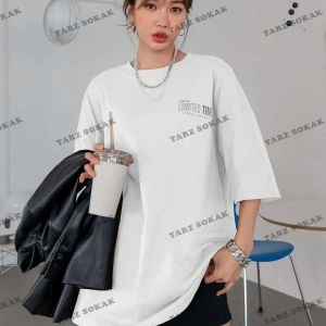 Kadın Beyaz Oversize Limited Time Baskılı