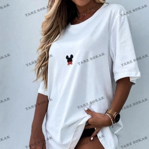 Kadın Beyaz Sırt Baskılı Mickey Mouse