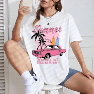 Kadın Beyaz Summer Racing Car Baskılı Oversize T-shirt