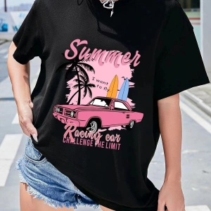 Kadın Beyaz Summer Racing Car Baskılı Oversize T-shirt