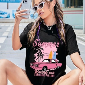 Kadın Beyaz Summer Racing Car Baskılı Oversize T-shirt